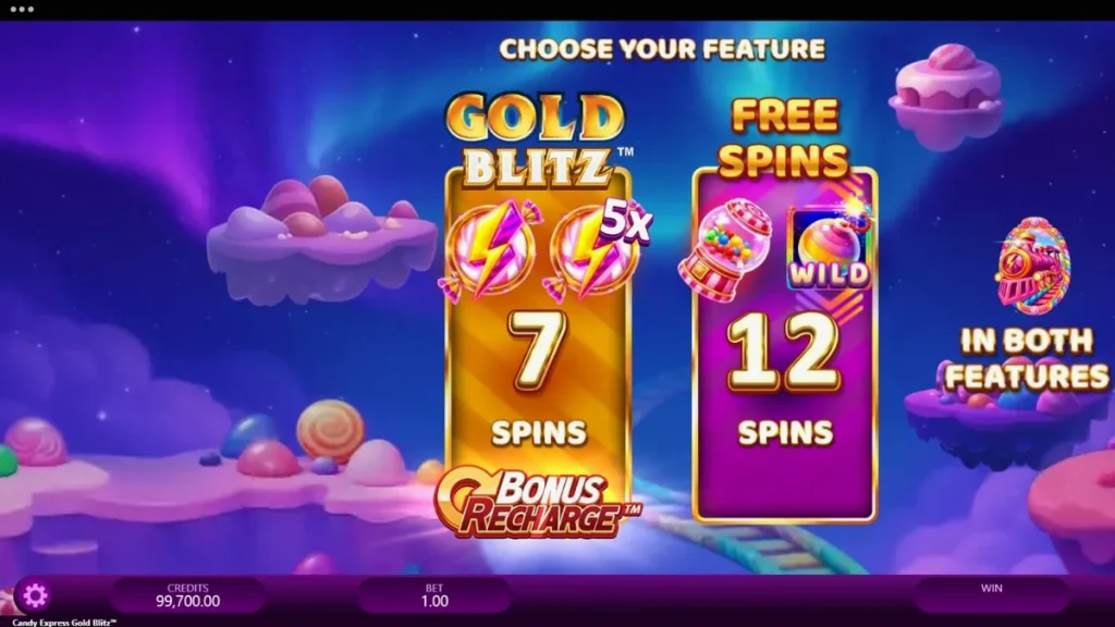 Interface colorida e vibrante do slot Candy Express Gold Blitz com elementos de trem e doces