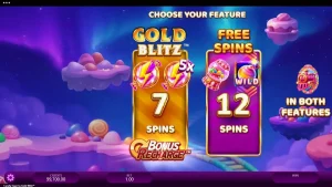 Interface colorida e vibrante do slot Candy Express Gold Blitz com elementos de trem e doces