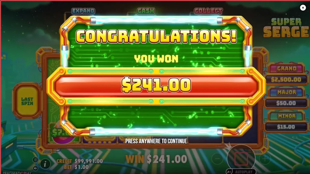 Interface neon e futurista do slot Super Serge